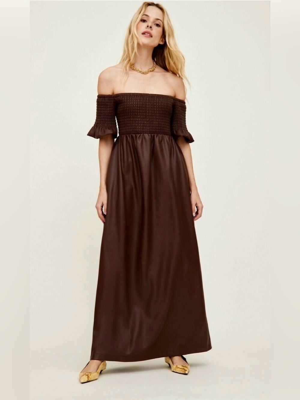Staud Mae Off-The-Shoulder Vegan Leather Brown Maxi Dress Small